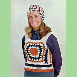 Crop Top Granny Square Tank Matching Beanie Hat Crochet Pattern 1970s Vintage
